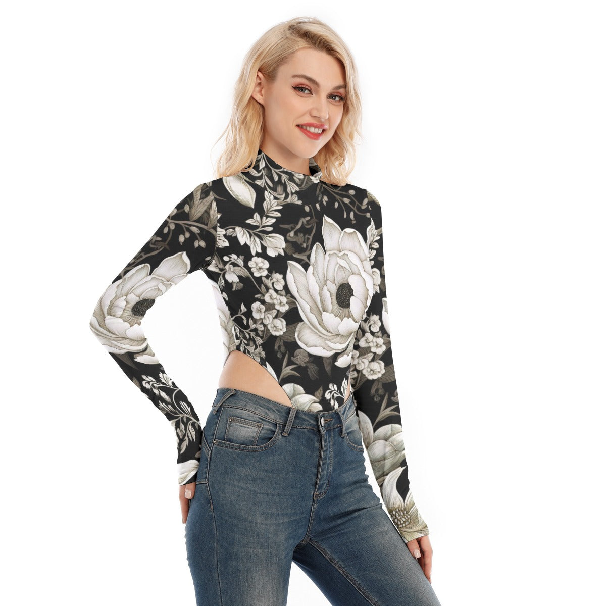 All-Over Print Women's Turtleneck Long Sleeve Jumpsuits