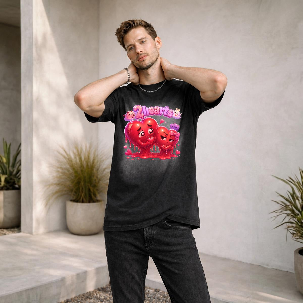 2Hearts Unisex Vintage Washed Boxy T-Shirt — 250GSM | DTF Print