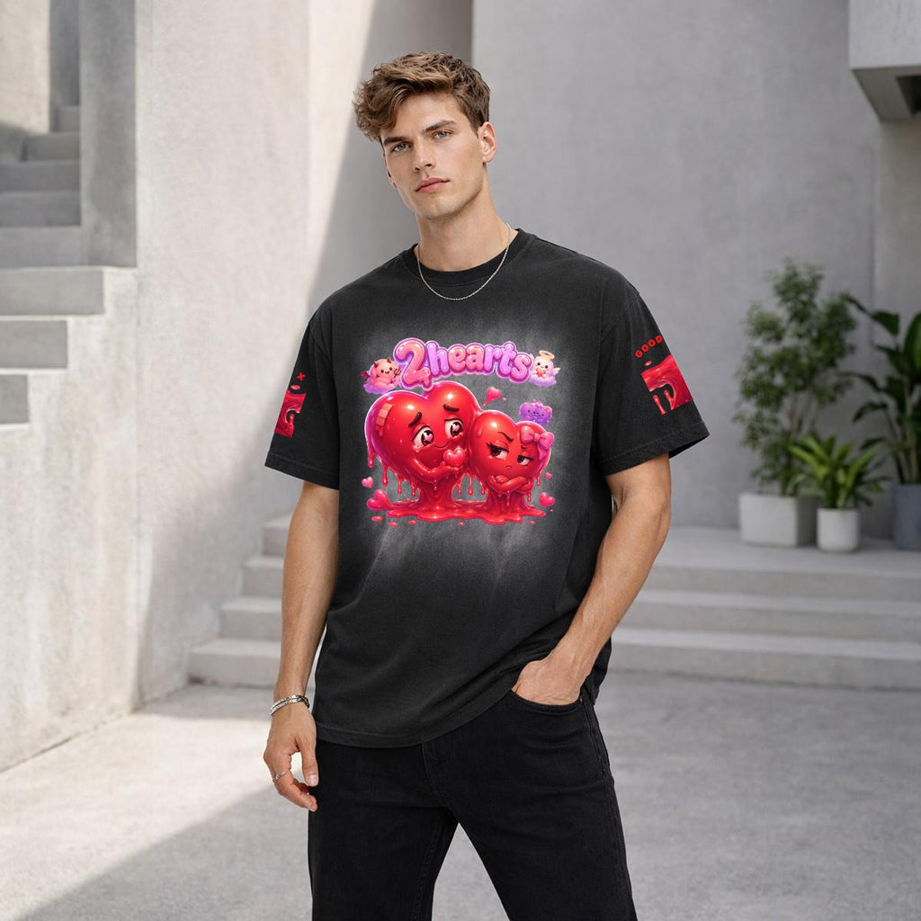2Hearts Unisex Vintage Washed Boxy T-Shirt — 250GSM | DTF Print