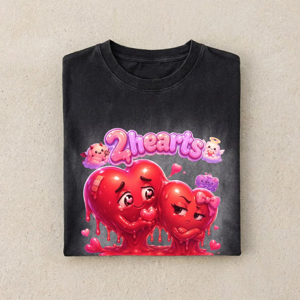 2Hearts Unisex Vintage Washed Boxy T-Shirt — 250GSM | DTF Print