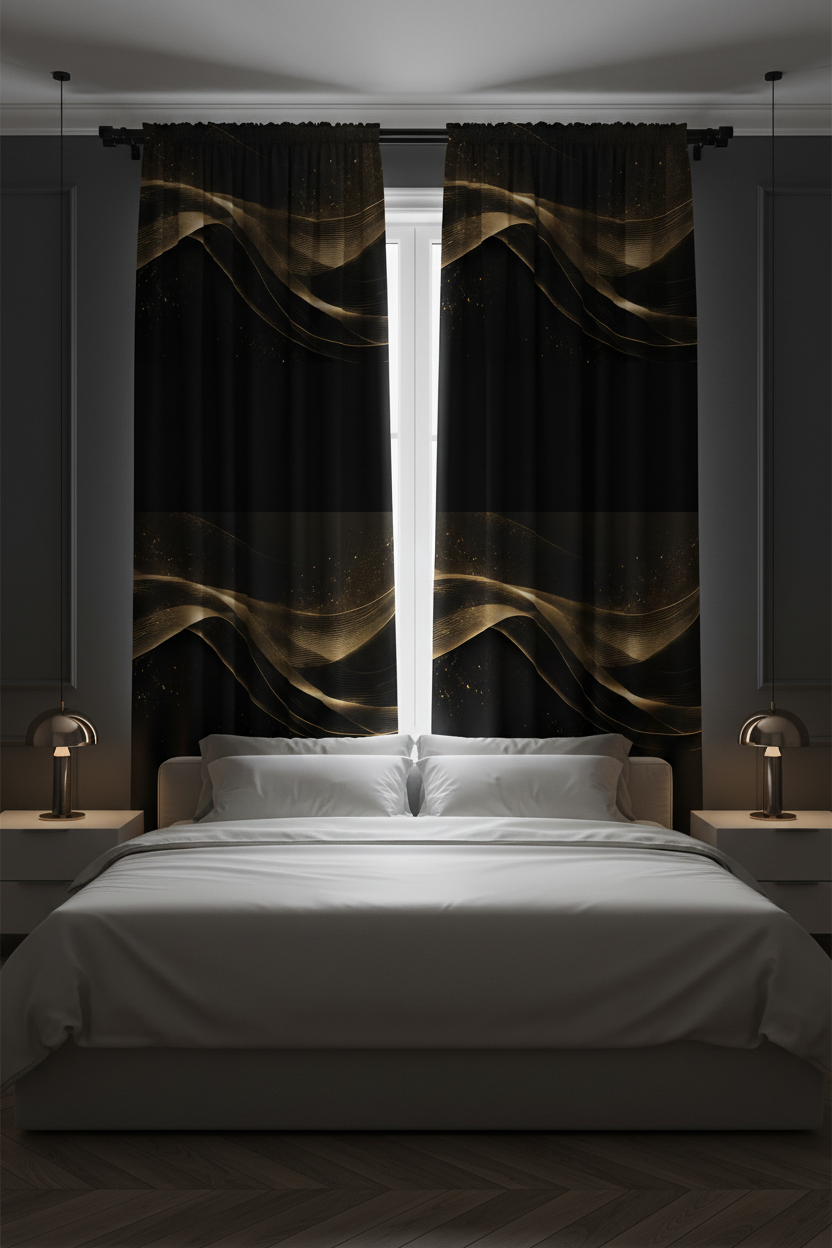 Luxury Bedroom Curtain Mockup – Black & Gold