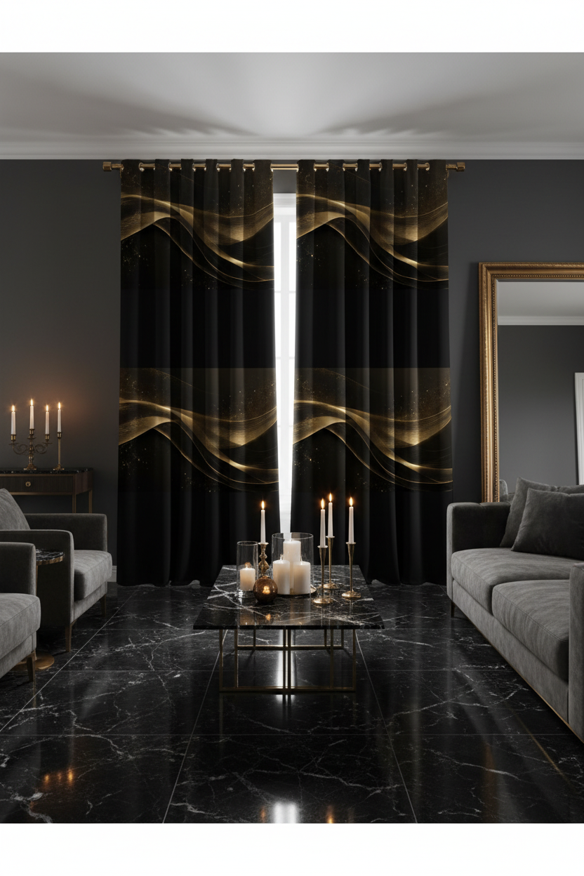 Luxury Curtain Mockup – Black & Gold Waves